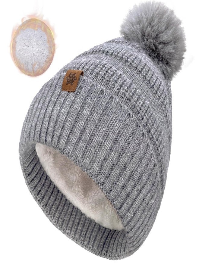 HOPSOOKEN Winter Beanie Hats for Women with Faux Fur Pom Warm Cozy Knit Fleece Thermal Snow Ski Skull Cap for Cold Weather(Grey) - Image 1
